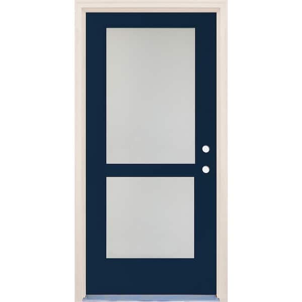 Builders Choice 36 in. x 80 in. Left-Hand/Inswing 2 Lite Satin Etch Glass Indigo Painted Fiberglass Prehung Front Door w/4-9/16" Frame