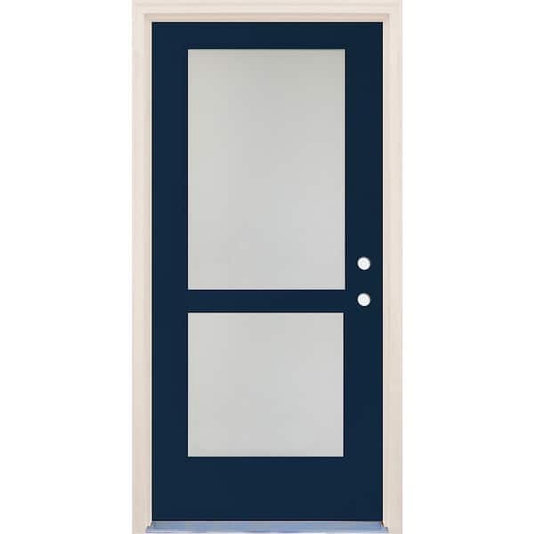Builders Choice 36 in. x 80 in. Left-Hand/Inswing 2 Lite Satin Etch Glass Indigo Painted Fiberglass Prehung Front Door w/6-9/16" Frame