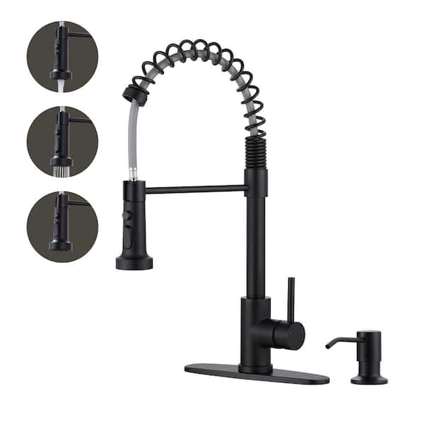 WOWOW Single Handle Pull Down Sprayer Kitchen Faucet with Soap Dispenser, Pull Out Spray Wand in Matte Black