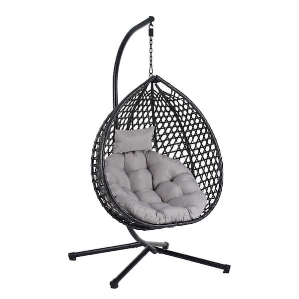 Black Wicker Patio Swing with Grey Cushion