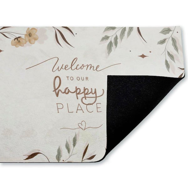 Our Happy Place Floral Welcome White 18 in. x 30 in. Polyester Non-Slip Outdoor Door Mat