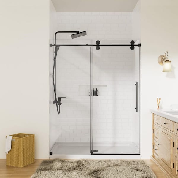 60 in. W x 72 in. H Single Sliding Frameless Shower Door in Matte Black with 5/16 in. Tempered Clear Glass