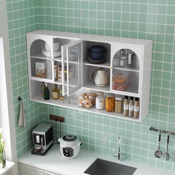 47.25 in. W x 9.05 in. D x 27.55 in. H Metal Upper Wall-mounted Kitchen Cabinet in White with Glass Doors