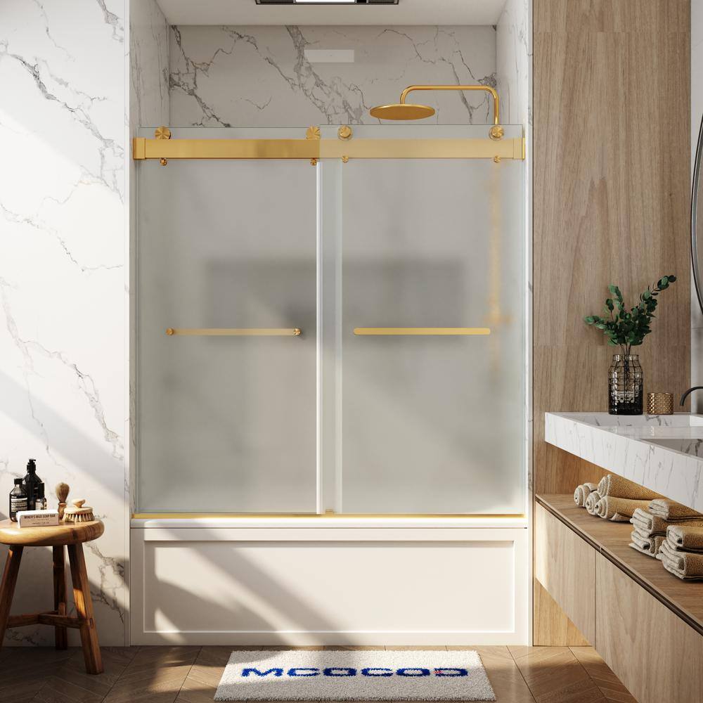 56-60.75 in. W x 66 in. H Double Sliding Frameless Soft Close Tub Door in Brushed Gold with 3/8 in. Frosted Glass price history on PriceWatchPro