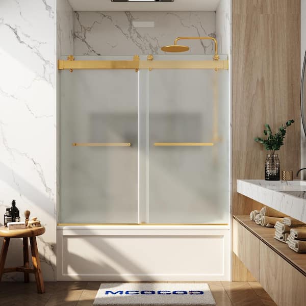 MCOCOD 56-60.75 in. W x 66 in. H Double Sliding Frameless Soft Close Tub Door in Brushed Gold with 3/8 in. Frosted Glass