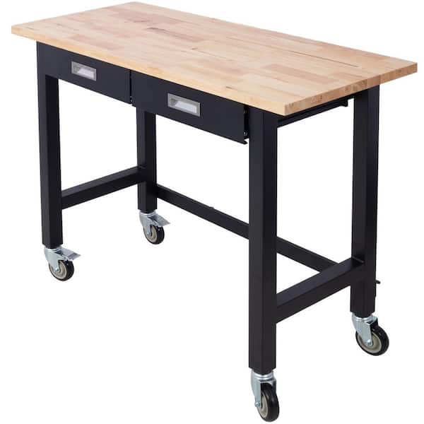 48 in. W x 20 in. D Movable Black Workbench with 2 Drawers, Solid Rubber Wood Top and Lockable Wheels