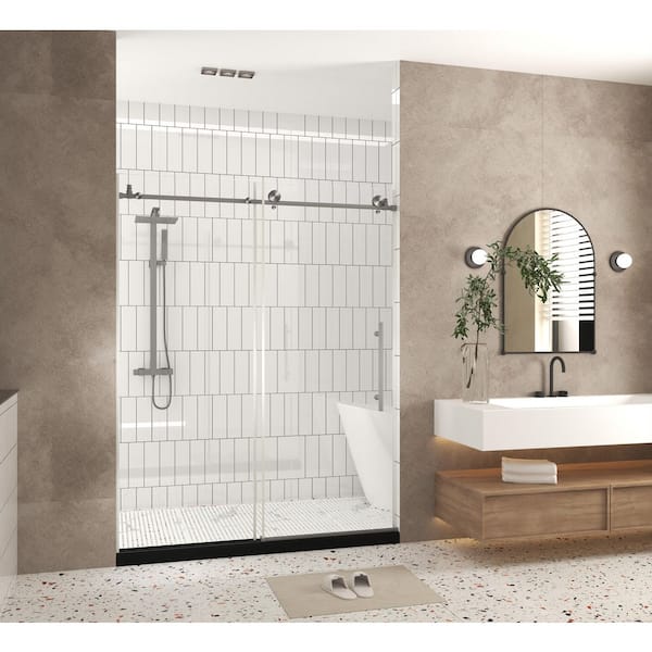 56-60 in. W x 76 in. H Frameless Sliding Shower Door in Brushed Nickel with 1/4 in. (6 mm) Clear Tempered Glass