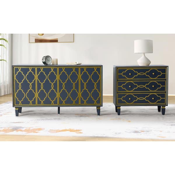 JAYDEN CREATION Beatrice 2 Piece Navy Wood 61 in. Sideboard Living