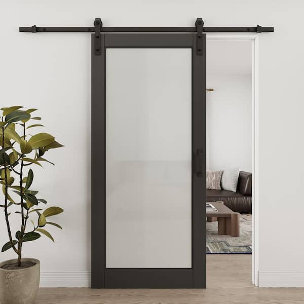 36 in. x 80 in. Waterproof 1-Lite Frosted Glass Black Finished MDF Sliding Barn Door with Hardware Kit and Soft Close