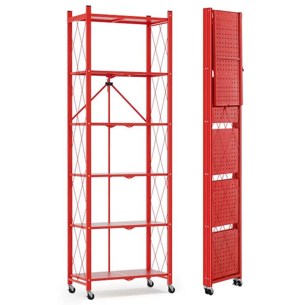 6 Tiers Metal Folding Garage Storage Shelving Unit in Red (24.2 in. W x 73.6 in. H x 11.2 in. D)