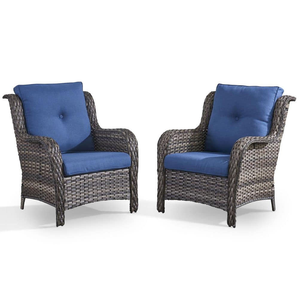 2-Piece Gray Wicker Single Chairs Patio Conversation Outdoor Lounge Chairs, with Blue Cushions price history on PriceWatchPro