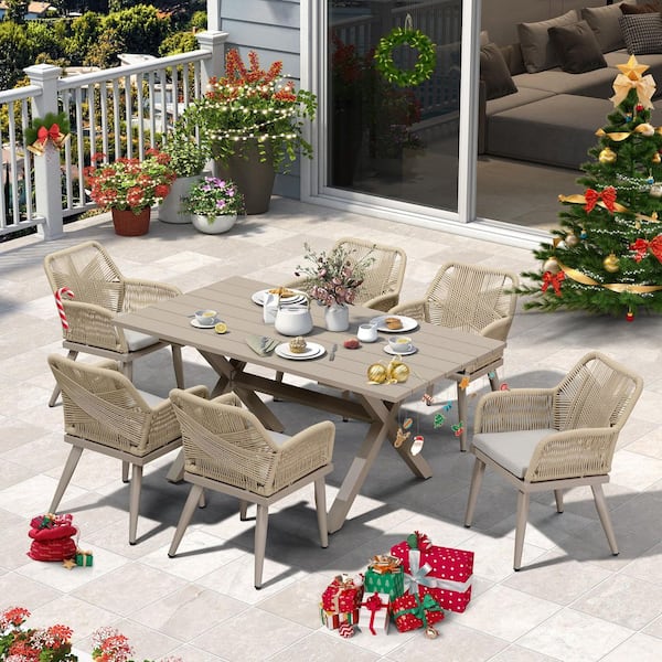 7-Piece Aluminum All-Weather PE Rattan Rectangular Outdoor Dining Set with Cushion, Champagne