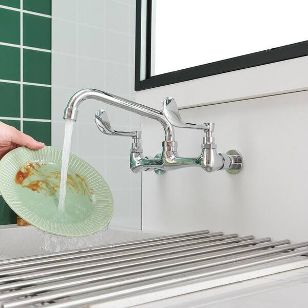 Fada Wall Mount Faucet 12" Swivel Spout 8" Center - Commercial Sink Kitchen Faucet Chrome