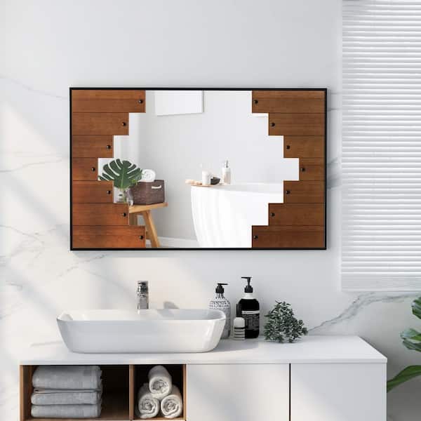 40 in. x 26 in. Decorative Rectangle Framed Wall Mount Bathroom Vanity Mirror with Piano Key-Shaped Frame