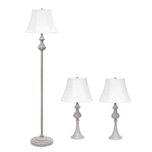 60 in. Grey Traditional Valetta 3 Piece Metal Lamp Set (2 Table Lamps, 1 Floor Lamp) with White Shades
