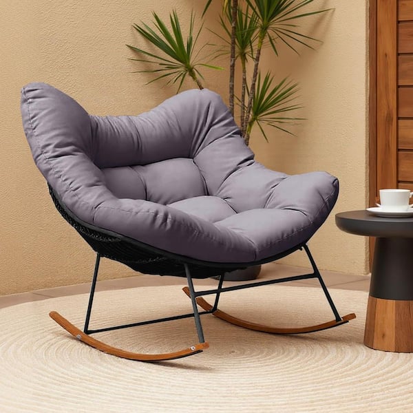 AURA OUTDOOR Oversized Black Wicker Outdoor Rocking Chair Deep Seat Patio Recliner Egg Chair with Gray Cushion