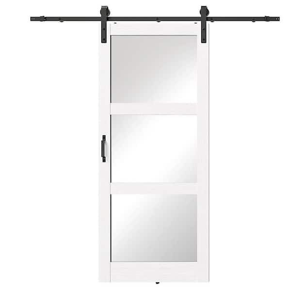 36 in. x 84 in. 3-Lite Mirrored Glass White MDF Sliding Assembly Required Barn Door Slab with Hardware Kit Set