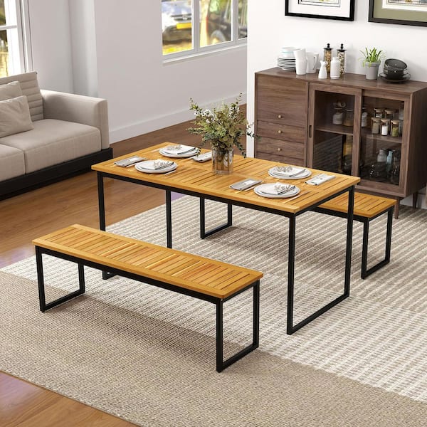 Gymax 2-Pieces 51 in. Wooden Outdoor Bench Patio Dining Bench with Acacia Wood Seat Natural Ottoman