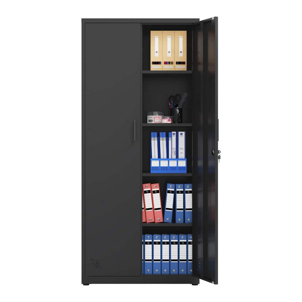 Black Metal Storage Cabinet with 2-Doors and 4 Shelves, Lockable Tall Cabin
