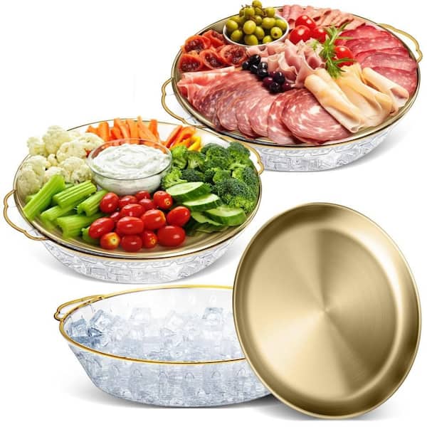 3 Set 11.8 in. Chilled Serving Tray for Parties with Compartments, Platter for Fruit, Seafood, Veggie, Cocktail, Gold