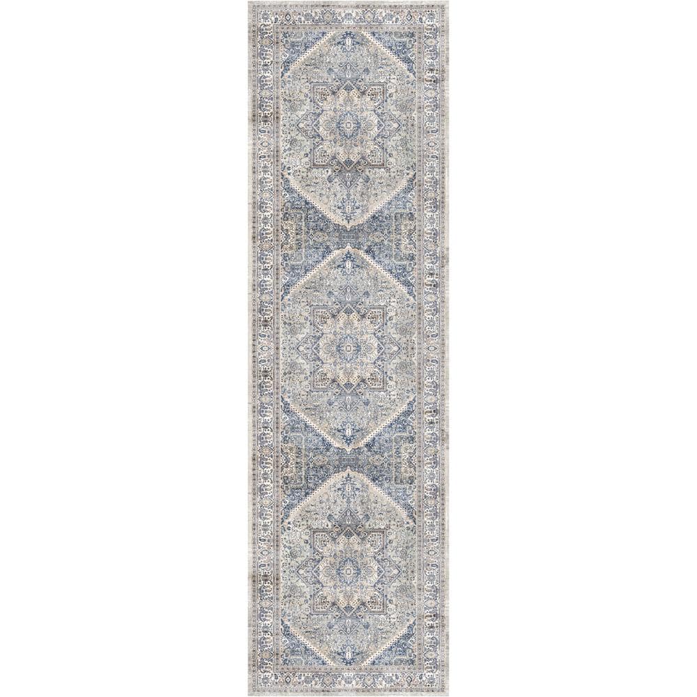 Beige Blue Floral Synthetic Flatweave Runner Rug