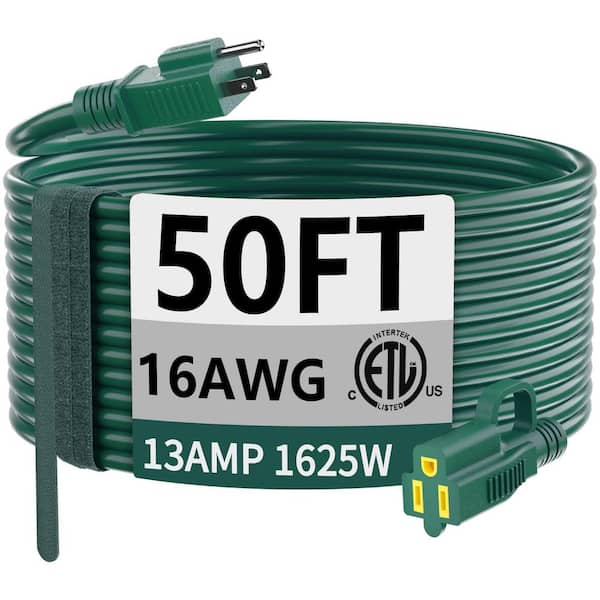 Flexible 50 ft. 16 / 3 Waterproof Outdoor 3 Prong Heavy Duty Extension Cord with 13Amp 1625- Watt SJTW Green ETL Listed