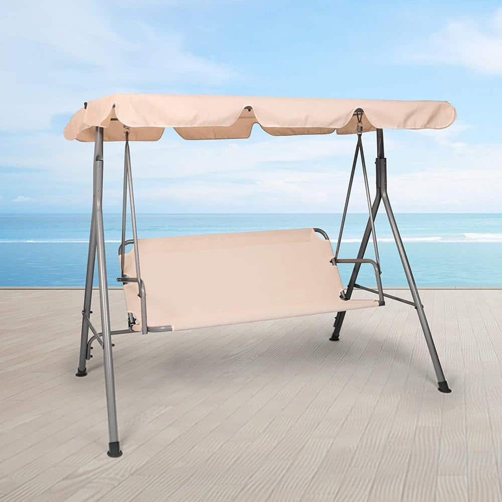 Beige Steel 3-Person Patio Swing with Waterproof Canopy