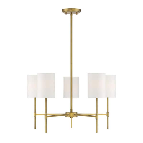 25 in. W x 15 in. H 5-Light Natural Brass Chandelier with White Fabric Shades