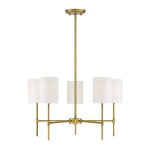25 in. W x 15 in. H 5-Light Natural Brass Chandelier with White Fabric Shades