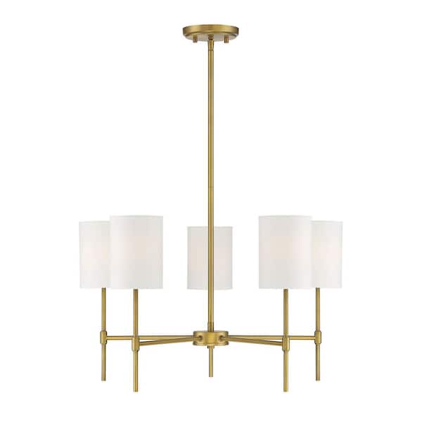 TUXEDO PARK LIGHTING 25 in. W x 15 in. H 5-Light Natural Brass Chandelier with White Fabric Shades