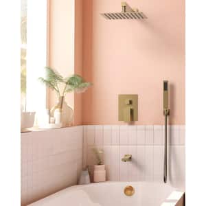 3-Spray Square High Pressure Wall Bar Shower Kit Tub and Shower Faucet with Hand Shower in Brushed Gold (Valve Included)