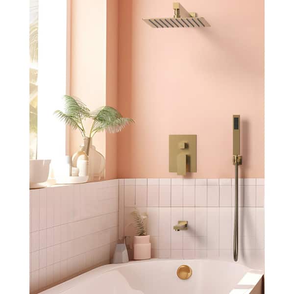 Wall Mount 10 in. Square Single Handle 3-Spray Shower Faucet 2.5 GPM with Pressure Balance, Anti Scald in Brushed Gold