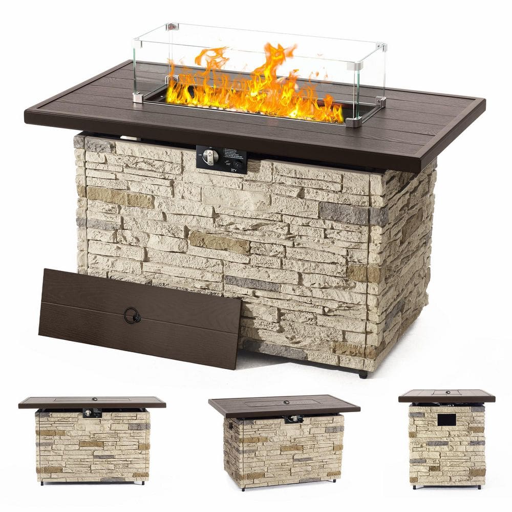 INNUMIA 43 in. Propane Fire Pit Table Outdoor Stone Firepit Table Rectangular 50000 BTU Propane Fire Tables-Buff
