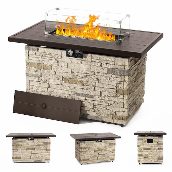 43 in. Propane Fire Pit Table Outdoor Stone Firepit Table Rectangular 50000 BTU Propane Fire Tables-Buff