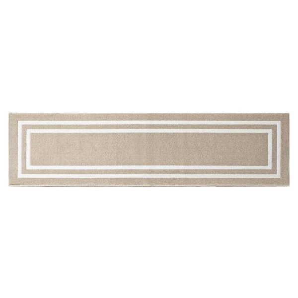 Washable Skid Resistant Beige /White  2.5 ft. x 10 ft. All Loop Tufted Area Rug