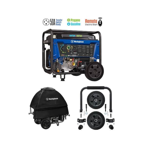 12,500/9,500-Watt Dual Fuel Generator with Remote Start, 50 Amp Outlet, Tent Cover and WGen5300 Wheel Kit