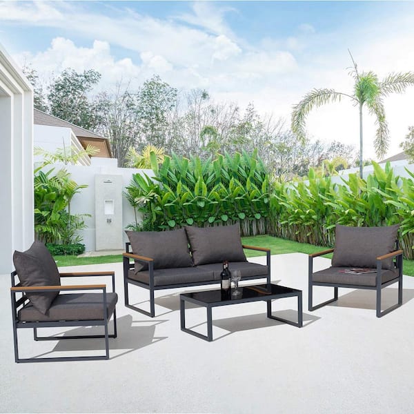 Nuu Garden 4-Piece Aluminum Outdoor Patio Conversation Set with Gray Cushions