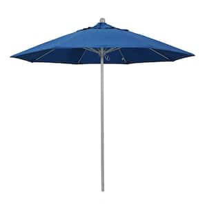 9 ft. Gray Woodgrain Aluminum Commercial Market Patio Umbrella Fiberglass Ribs and Push Lift in Regatta Sunbrella
