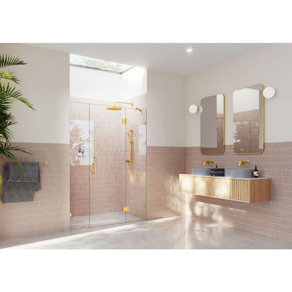 Glass Warehouse Stellar 61 in. W x 78 in. H Glass Hinged Pivot Frameless 3-Panel Inline Shower Door in Satin Brass