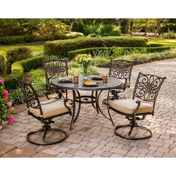 Hanover Traditions 5-Piece Patio Outdoor Dining Set with 4 Swivel Rockers and 48 in. Round Table, Rust Free, TRADITIONS5PCSW