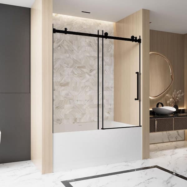 56-60 in. W x 60 in. H Sliding Frameless Tub Door in Matte Black Finish with Clear Tempered Glass