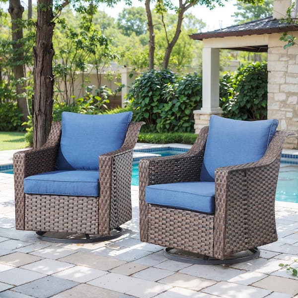 moosprr Luxurious Brown Swivel Glider Wicker Outdoor Rocking Chair with Blue Cushions and 4 In. Wide Armrest (2-Pack)