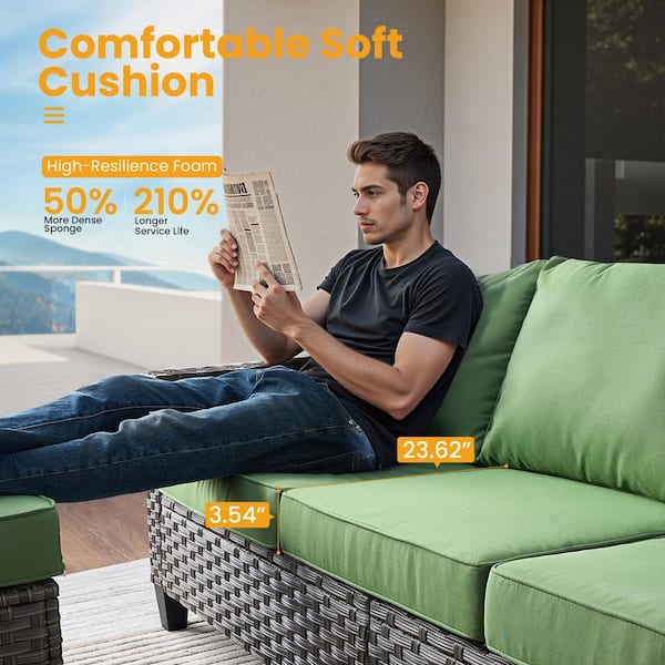 Rosy 5-Piece Wicker 5-Seat Outdoor Furniture Patio Conversation Sofa Seating Set with Green Cushions