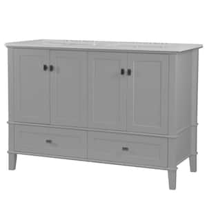 49 in. W x 22 in. D x 36 in. H Double Bathroom Vanity Side Cabinet in Light Gray with White Quartz Top with White Basins
