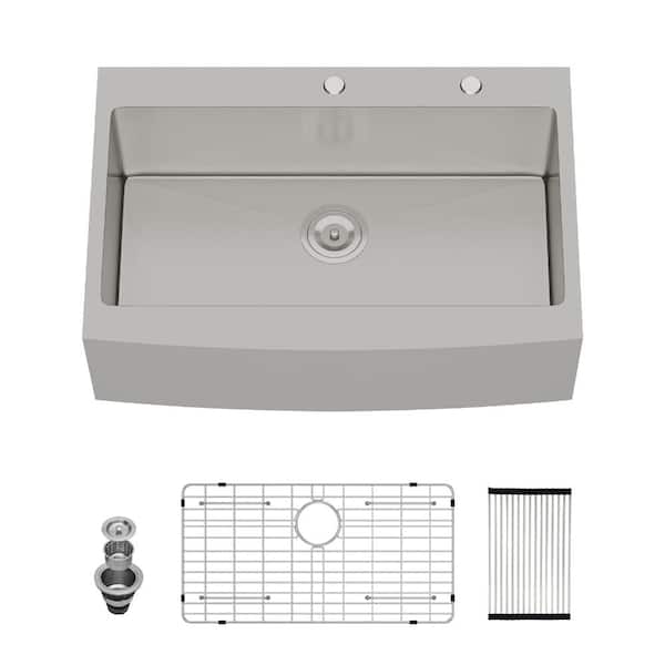 33 in. Farmhouse Apron Front Single Bowl Brushed Nickel Stainless Steel Kitchen Sink with Bottom Grids