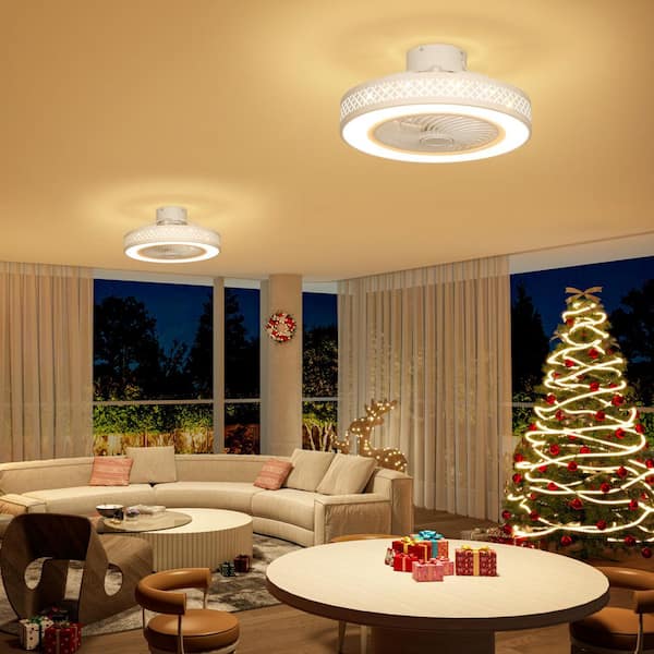 20 in. LED Indoor White Dimmable Matte Modern Cage Low Profile Flush Mount Ceiling Fan Light with Remote Control and App