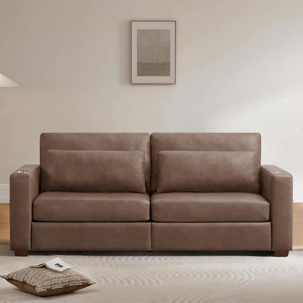 Dara 89 in.Square Arm Fabric Modern Rectangle Sofa with Solid Wood Legs,Cup Holders,USBandType C Charging Ports in Mocha