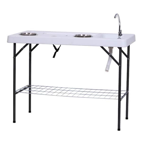 Otryad 49 in. Black Rectangle HDPE Folding Picnic Table, Outdoor Cleaning Table with Faucet Drainage Hose and Grid Rack