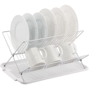 17 in. x White Shaped Stainless Steel 2-Tier Dish Rack with Utensil and Cutting Board Holder for Kitchen Counter