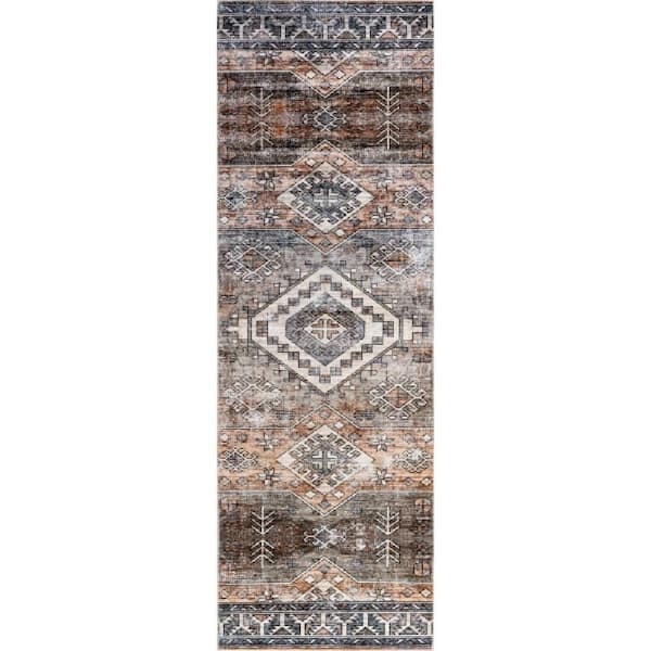 Faded 2.6 ft. x 10 ft. Geometric Spill Proof Washable Rust Indoor Area Rug